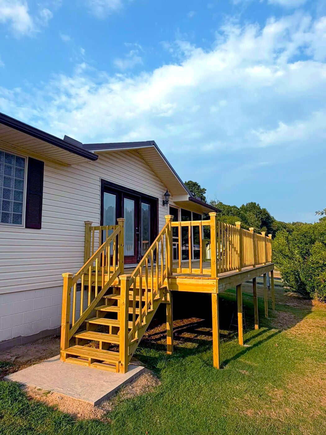 Newly built outdoor deck at golden hour